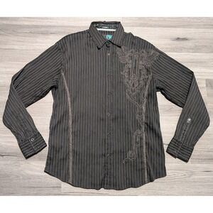 Roar Men's Black Striped Tribal Embroidered Western Long Sleeve Shirt Size Large
